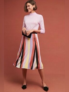 NWT Anthropologie LAIA Metallic Stripe Knit Midi Skirt Lurex Pink Gold  Size S